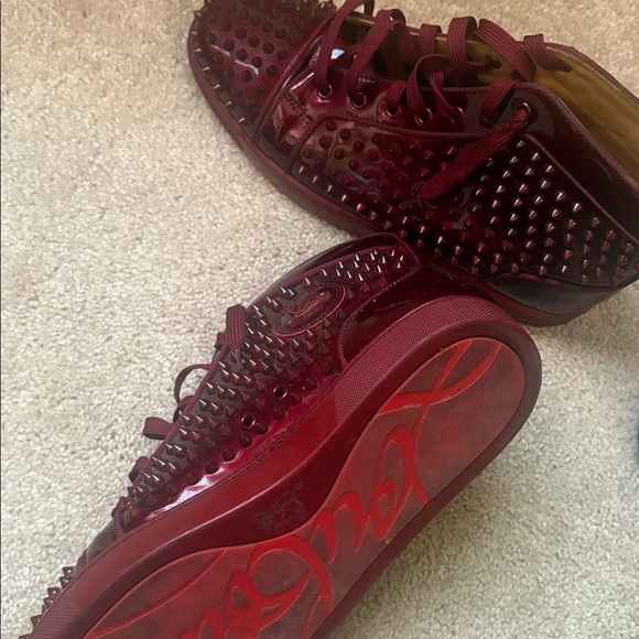 Christian Louboutin Burgundy Spiked High-Top Sneakers - Picture 2 of 3